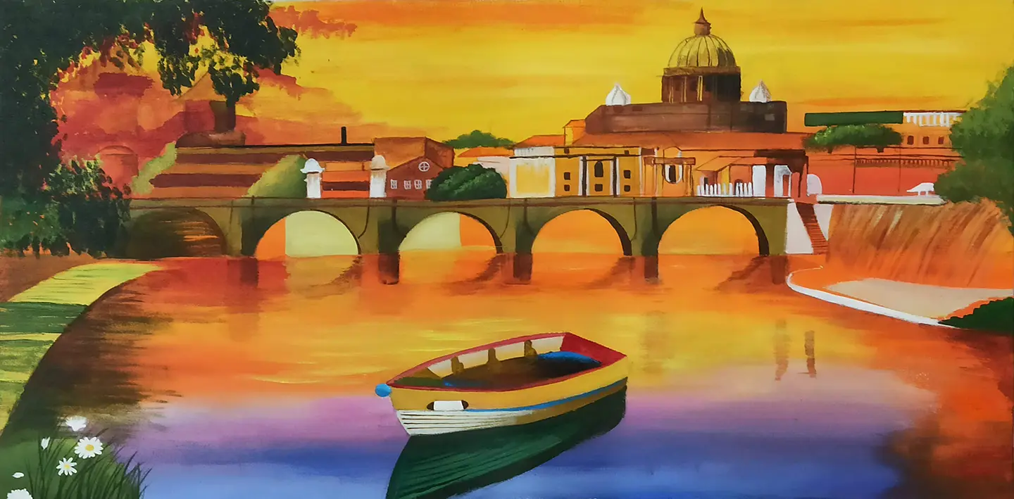 Student's acrylic painting of boats in a landscape setting
