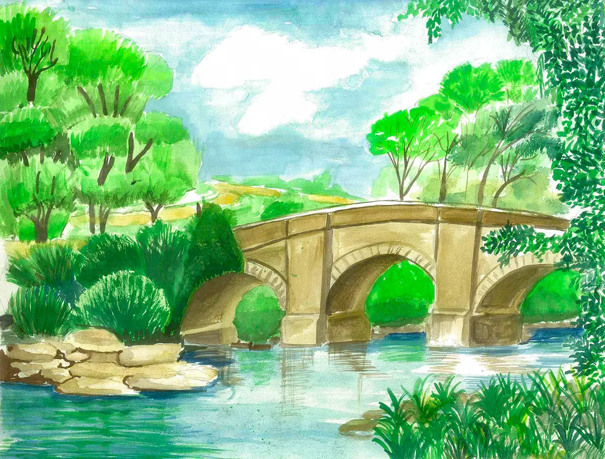 Watercolor painting of a bridge scene with reflections