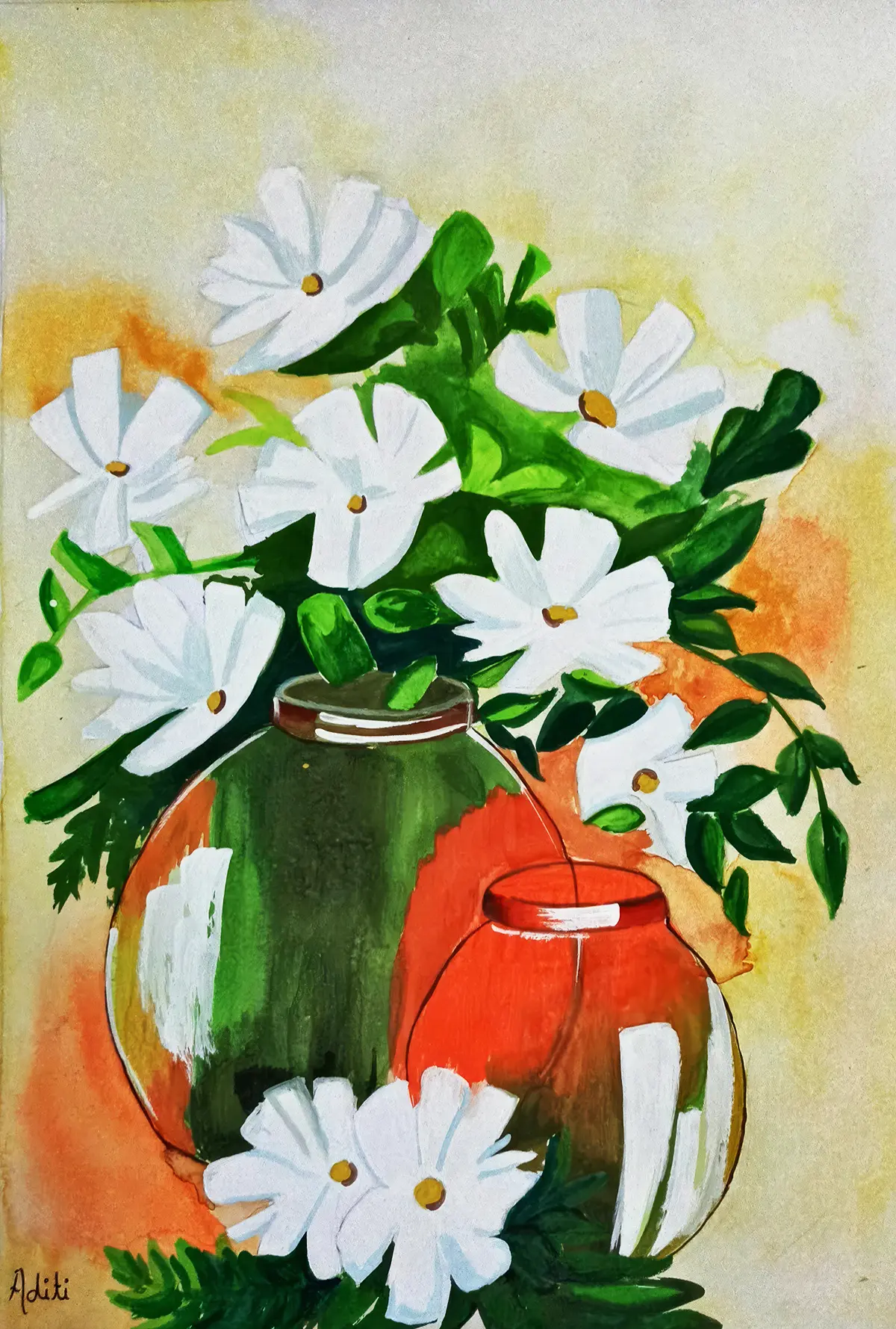 Vibrant watercolor of flowers in a vase