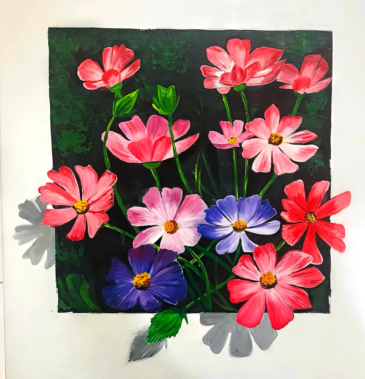 3D effect flower painting created by student using layered poster color techniques