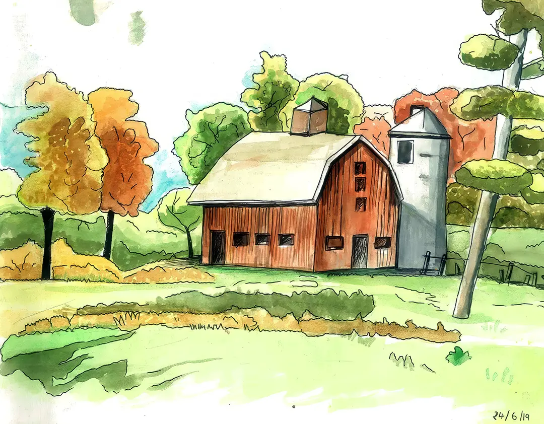 Intermediate student's watercolor landscape showing advanced techniques