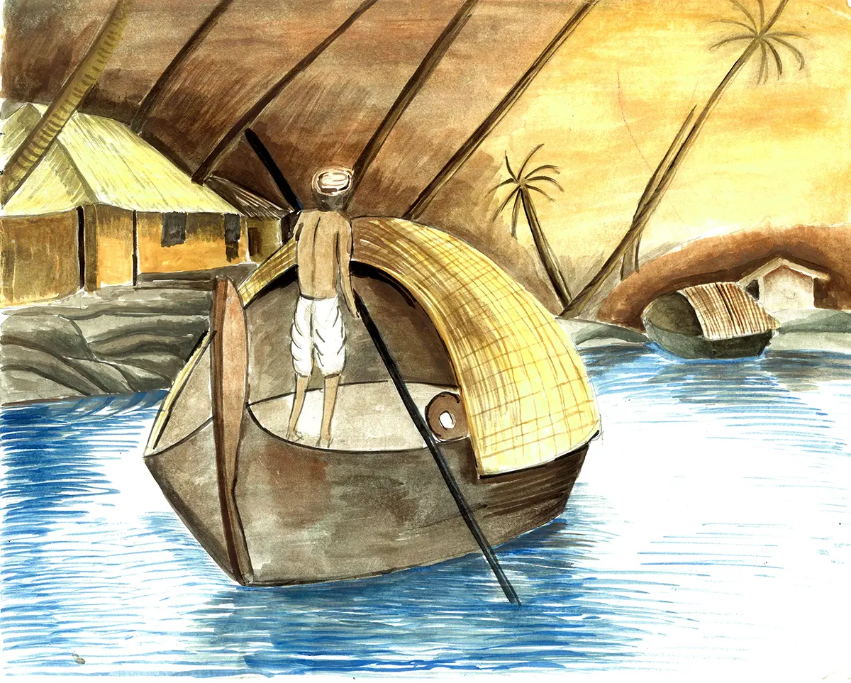 Watercolor scene of a man in a boat