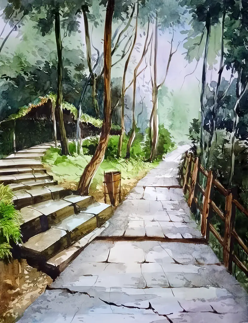 Watercolor painting of a winding path