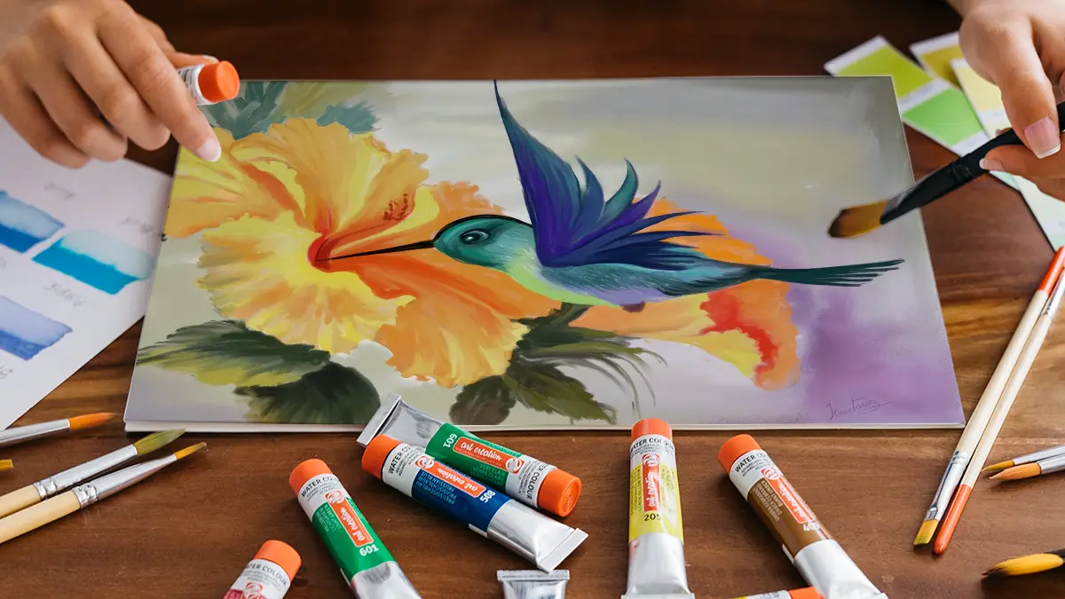 Students exploring various painting mediums including watercolors, acrylics, and poster colors