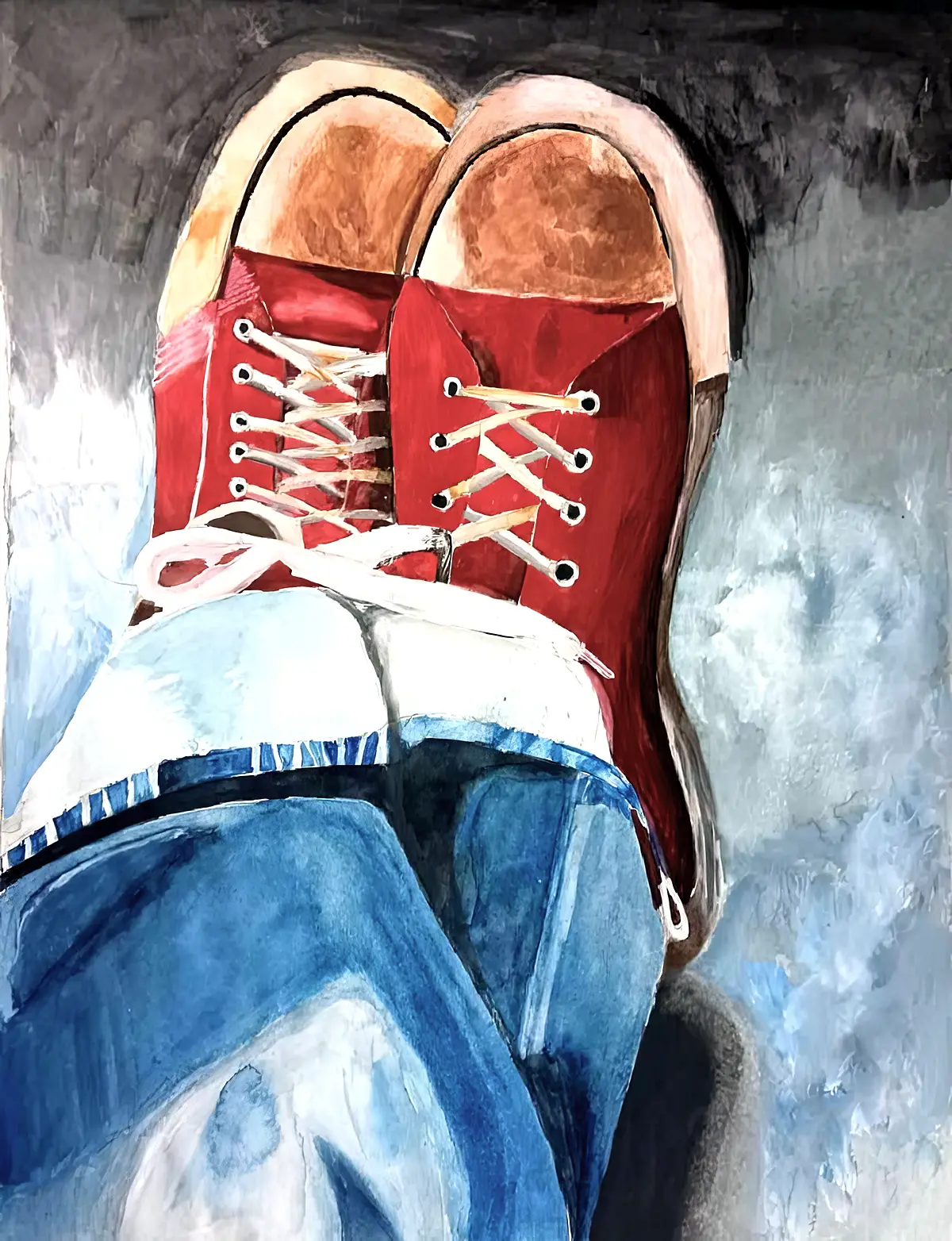 Student artwork: Watercolor study of crossed legs and shoes showing mastery of perspective