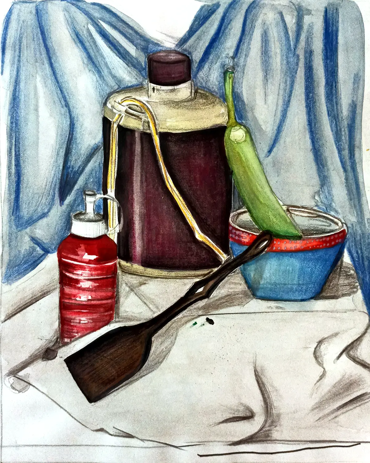 Student's watercolor still life painting of bottles showing composition and technique