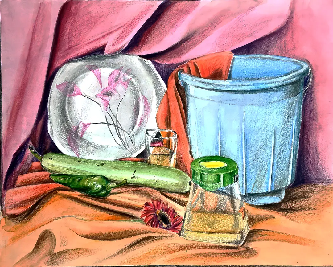 Detailed watercolor still life arrangement