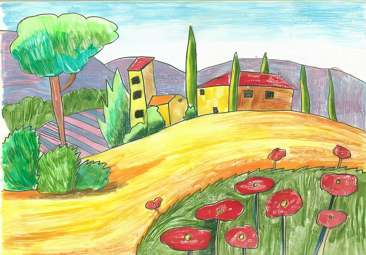 Beginner student's artwork showing basic techniques in pastel colors